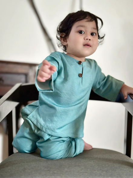 QAID Baby’s Teluk Belanga Baju Melayu Set in Turquoise