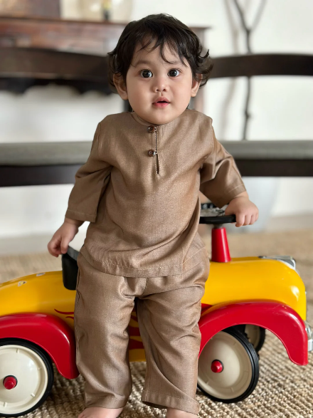 QAID Baby’s Teluk Belanga Baju Melayu Set in Taupe